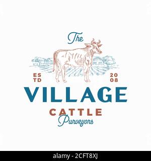 Das Dorf Rinder abstrakte Vektor-Zeichen, Symbol oder Logo-Vorlage. Handgezeichnete Kuh Silhouette und Landschaft ländliche Landschaft Skizze mit Retro Stock Vektor