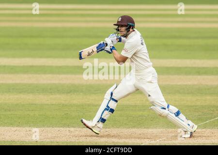 London, Großbritannien. September 2020. Scott Borthwick schlagen als Surrey auf Sussex am zweiten Tag des Bob Willis Trophy Spiel im Oval zu nehmen. David Rowe/Alamy Live News Stockfoto