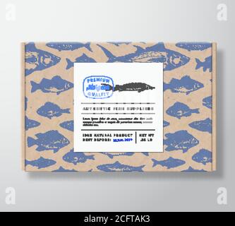 Fischmuster realistische Karton-Box mit Banner. Abstraktes Vektor-Verpackungsdesign oder -Etikett. Moderne Typografie, handgezeichneter Sturgeon oder Beluga Stock Vektor