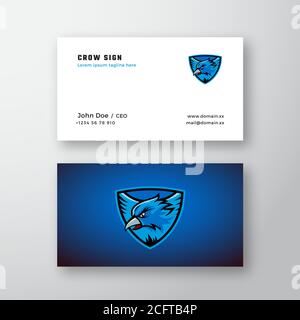 Crow oder Eagle Emblem abstraktes Vektorlogo und Visitenkartenvorlage. Fliegender Vogel Illustration in einem Schild auf blauem Hintergrund. Premium Stationär Stock Vektor