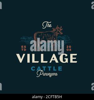 Das Dorf Vieh Lieferanten Abstrakt Vektor Zeichen, Symbol oder Logo Vorlage. Handgezeichnete Kuh Silhouette und Landschaft Landschaft Skizze mit Retro Stock Vektor