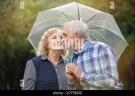 Ein glückliches Seniorenpaar, das bei Regen unter einem Sonnenschirm im Park spazieren ging Stockfoto