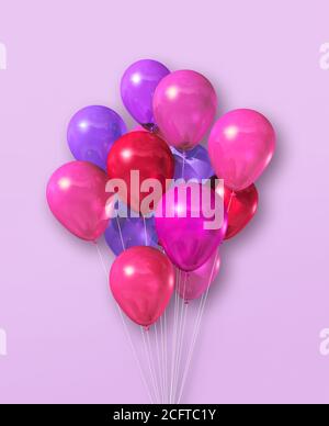 Lila Luftballons Gruppe auf einem rosa Hintergrund. 3D-Darstellung rendern Stockfoto