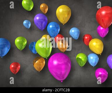 Bunte Luftballons auf dunklem Beton-Hintergrund. 3D-Darstellung rendern Stockfoto