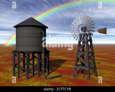 Windrad und Wasserturm in der Wüste Stockfoto