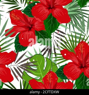 Nahtlose Vektor floralen Sommer Muster Hintergrund mit tropischen Palmblättern und Hibiskusblüten. Perfekt für Tapeten, Webseiten Hintergründe, Oberfläche Stock Vektor