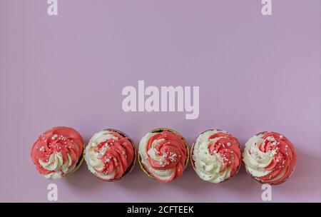 Draufsicht festliche Cupcakes mit rosa Creme und Streuseln. Stockfoto