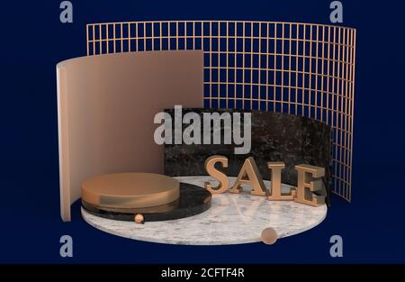 Abstrakte Verkaufsszene mit geometrischen Formen. Zylinder Marmor und Gold Podium in dunklem Hintergrund. Produktpräsentation, Verkauf, Modell, Plattform. 3d-Rendering Stockfoto