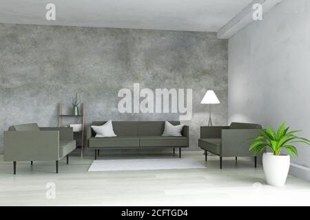 Interior Zimmer mit einfachen eleganten Möbeln, grünes Sofa und Sessel, Lampe, Pflanze und Regal mit modernen Accessoires in der Nähe der alten Grunge Wand. Stockfoto