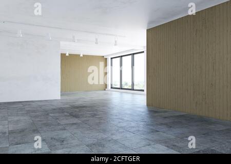 Horizontales 3D leeres Bürozimmer ohne Personen mit Holzwand, Panoramafenster und Fliesenboden, einfaches Interieur, minimalistisches modernes Dekor, 3D Stockfoto
