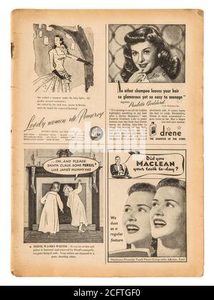 Zeitungsseite mit englischem Text und Vintage-Werbebildern. Alte britische Zeitschrift von 1947 Stockfoto