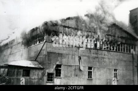 Kingaroy, Qld, Australien, 1951: Feuer zerstört einen Lagerschuppen in der Queensland Peanut Growers Co-operative Anlage in Kingaroy, Queensland, Australien. Aus der Sammlung der Familie McKechnie. Stockfoto