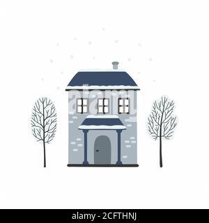 Winter Stadtlandschaft Karte mit Häusern und Bäumen. Stock Vektor