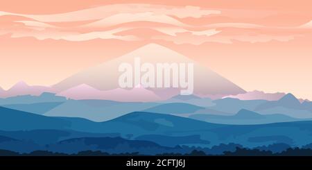 Vektor-Illustration einer schönen Berglandschaft. Großer Berg bei Sonnenaufgang und Sonnenuntergang. Stock Vektor