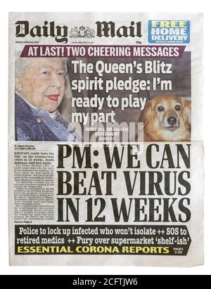Die Titelseite der Daily Mail vom März 2020 mit der Überschrift PM: We Can Beat the Virus in 12 Wochen Stockfoto