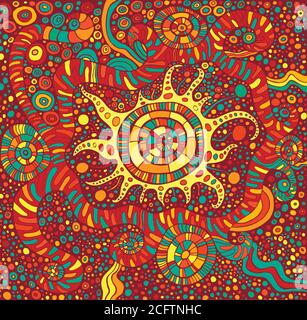 Doodle Mandala mit Kreismuster Hintergrund. Psychedelisch farbenfrohe Grafik. Stock Vektor