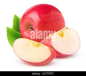 Eine rote Apfelfrucht und zwei Stücke isoliert auf weiß Hintergrund Stockfoto