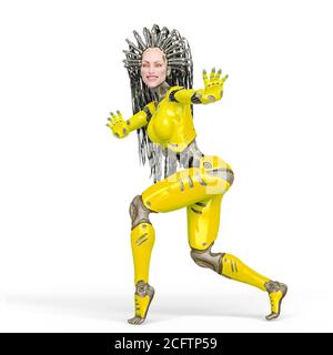 Super Cyborg lächelt und geht auf Zehenspitzen, 3d-Illustration Stockfoto