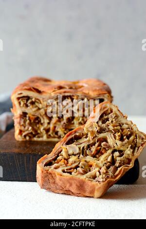 Pfannkuchen, Kuchen mit Fleisch und Pilze auf einem grauen Hintergrund. Pfannkuchen, Kuchen in der Form von Brot. Slawische Küche. Pfannkuchen, Kuchen mit Fleisch und Pilze auf einem Stockfoto