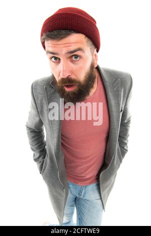 Tipps und Tricks schöner Mann. Attraktiv und hübsch. Bärtig und hübsch. Selbstverbesserungskonzept. Wie gefällt Ihnen mein Stil? Bärtige Hipster brutale Person. Lässiges Outfit. Schule der guten Manieren. Stockfoto