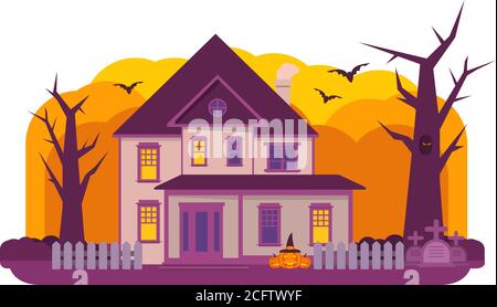 Halloween Spukhaus.Alter Friedhof Grabstein.Herbst Urlaub Banner. Stock Vektor