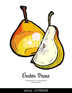 Birnen Früchte Vektor isolieren. Rote Birne ganze gehackte Viertel Scheibe Hand gezeichnet Illustration vegetarische Symbol Logo Skizze Stock Vektor