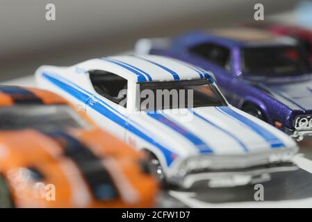 Drei Diecast Modell Spielzeug Autos Hotwheels Stockfoto