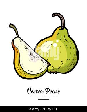 Birnen Früchte Vektor isolieren. Grüne Birne ganze gehackte Viertel Scheibe Hand gezeichnet Illustration vegetarische Symbol Logo Skizze Stock Vektor