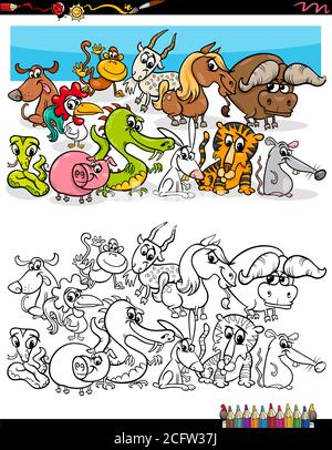 Cartoon Illustration von Funny Animal Characters Gruppe Malbuch Seite Stock Vektor