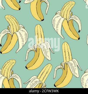 Bananen auf Minze Hintergrund. Vektor nahtlose Muster mit Früchten. Digitalpapier. Hintergrund für die Oberflächengestaltung Stock Vektor
