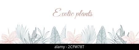 Tropische Blumen Bordüre Muster in Skizze Stil auf weißem Hintergrund. Hintergrund mit Hibiskus, protea, Magnolie, Palmblättern. Stock Vektor