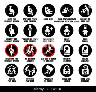 Vorsicht bei Anzeichen von Kindern, schwangeren Frauen, Menschen mit Kindern. Kindersitz, Schloss, Gesundheit, Rettungsweste Symbole mit Warnhinweisen Stock Vektor