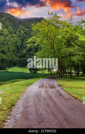 Schöne Aussicht auf den Garten der Blauen Lagune rund um Seven Cities See 'Lagoa das Sete Cidades', Azoren, Sao Miguel, Azoren. Stockfoto