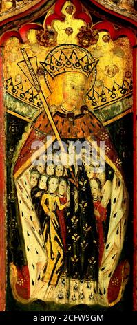 Auge, Suffolk, St. Ursula und 11,000 Jungfrauen, Mittelalter, Rood Screen, Malerei, Pfeil, Martyrium, England, UK Stockfoto