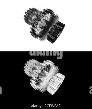 3D Rendering Umriss Set von Gear, Drahtmodell einer Gruppe von Gear, für Maschinenbau Konzept, Engineering Teamwork und Corporate Metapher, Business Stockfoto