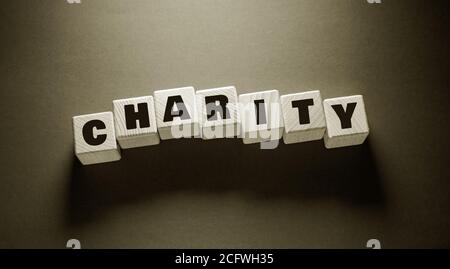 Charity Wort auf Holzwürfel geschrieben Stockfoto