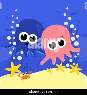 Cute Baby Krake Cartoon Illustration mit Blasen und unter dem Meer Hintergrund. Design für Baby und Kind Stock Vektor