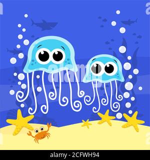 Cute Baby Qualle Cartoon Illustration mit Blasen und unter dem Meer Hintergrund. Design für Baby und Kind Stock Vektor