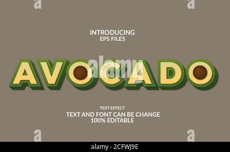 3d Avocado Frucht editierbare Schriftart und Text-Effekt-Stil. Grüne Farbe mit braunen Samen Illustration Stock Vektor