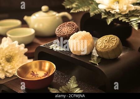 Schneehaut oder Kristallhaut Mooncake. Die neue Variante des Mooncake für Mid-Autumn Festival. Stockfoto