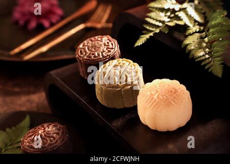 Schneehaut oder Kristallhaut Mooncake. Die neue Variante des Mooncake für Mid-Autumn Festival. Stockfoto