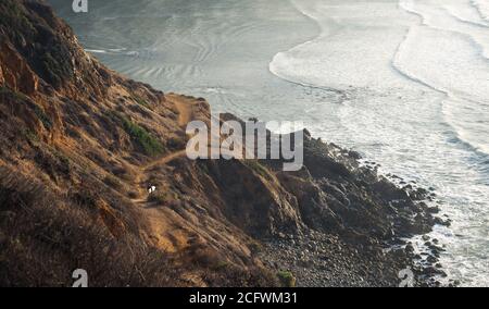 Ein männlicher Alleinsurfer mit einem Surfbrett, der einen Weg zum Meer mit der Küste und den Wellen in der Ferne entlang läuft. Stockfoto