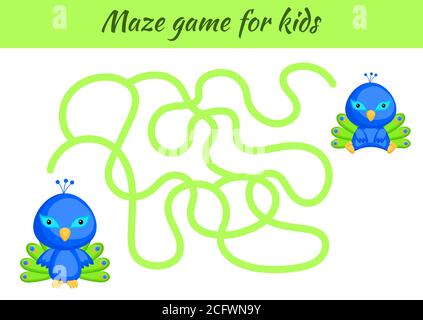 Lustige Labyrinth oder Labyrinth-Spiel für Kinder. Helfen Sie der Mutter, den Weg zum Baby zu finden. Arbeitsblatt zur Entwicklung von Schulungen. Aktivitätsseite. Cartoon Pfau Zeichen. Stock Vektor