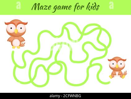 Lustige Labyrinth oder Labyrinth-Spiel für Kinder. Helfen Sie der Mutter, den Weg zum Baby zu finden. Arbeitsblatt zur Entwicklung von Schulungen. Aktivitätsseite. Cartoon Eule Figuren. Stock Vektor