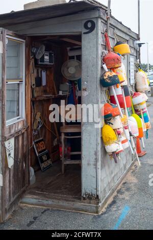 Strandhütte mit offener Tür und Strandartikeln als Dekoration Stockfoto