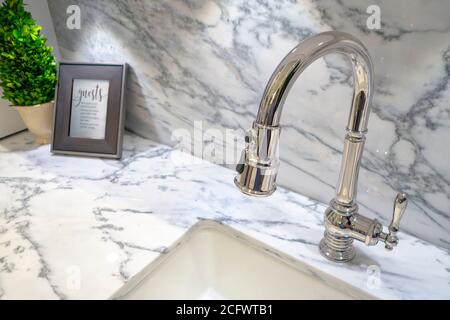 Moderne elegante silberne Chrom Küchenarmatur mit Pull Down Sprayer Alles in einem mit kleiner Pflanze und Rahmen auf Marmor Arbeitsplatte Stockfoto