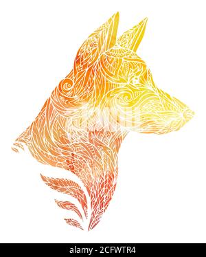Doodle Illustration eines Hundekopfes mit einem Stammesmuster und gelbem Aquarellhintergrund. Neues Jahr des Hundes. Vektor-Element für Tattoos, Druck auf t-s Stock Vektor