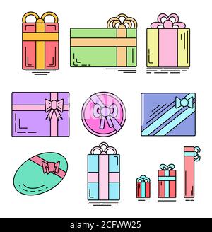 Satz von Farbe lineare Symbole von festlichen Geschenken in verschiedenen Formen. Vektorelement für Ihr Design Stock Vektor