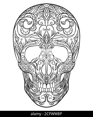 Kontur schwarz-weiße Abbildung eines Zuckerschädels. Der Feiertag des Tages der Toten. Vektor-Element für Ihre Kreativität Stock Vektor