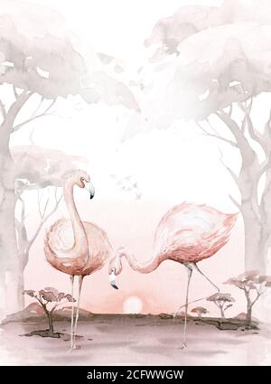 Hand gezeichnet Aquarell tropischen Flamingo Vögel wadding Einladung Hintergrund. Set von afrikanischen Flamingos. Exotische Rosenvogel Illustrationen, Dschungel Baum Stockfoto